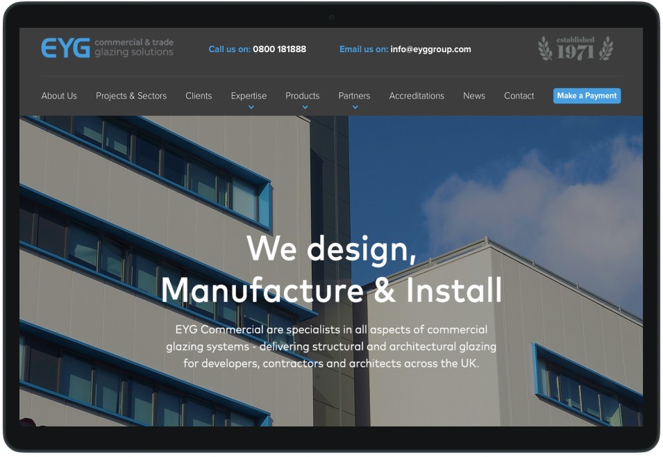 EYG commercial website home page on a tablet