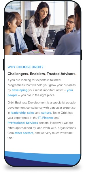 Orbit Business Development website page on a mobile