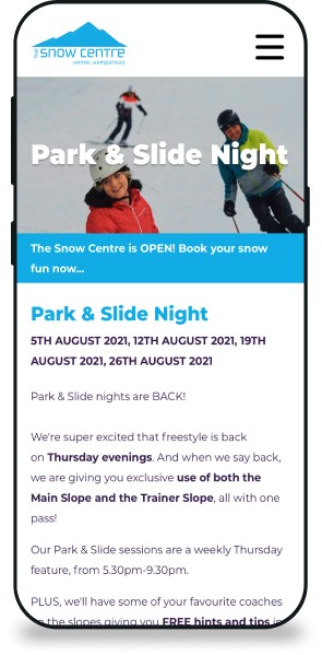 Snow Centre website page on a mobile
