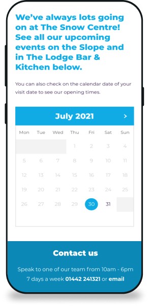 Snow Centre website page on a mobile